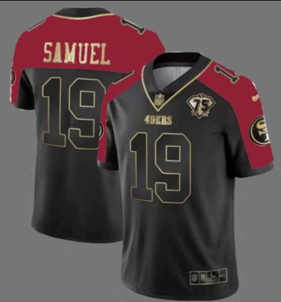 Men%27s San Francisco 49ers #19 Deebo Samuel Balck With 75th Anniversary Patch Stitched Football Jersey Dzhi